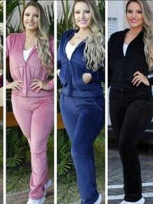 Women's Velvety Plush Set Sweatshirt Set Blouse And Pants Cold Winter - Black - View 4