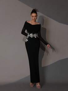 Modphy New Handmade Beaded & Rhinestone Embellished 3D Flower Sexy Off Shoulder Long Sleeve Bodycon Dress, Elegant For Wedding Guest, Holiday Party, Formal Evening Gown