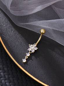 1pc Fashionable Personalized Gold Stainless Steel Rhinestone Tassel Flower Navel Piercing, Women's Body Jewelry - Yellow Gold - View 3