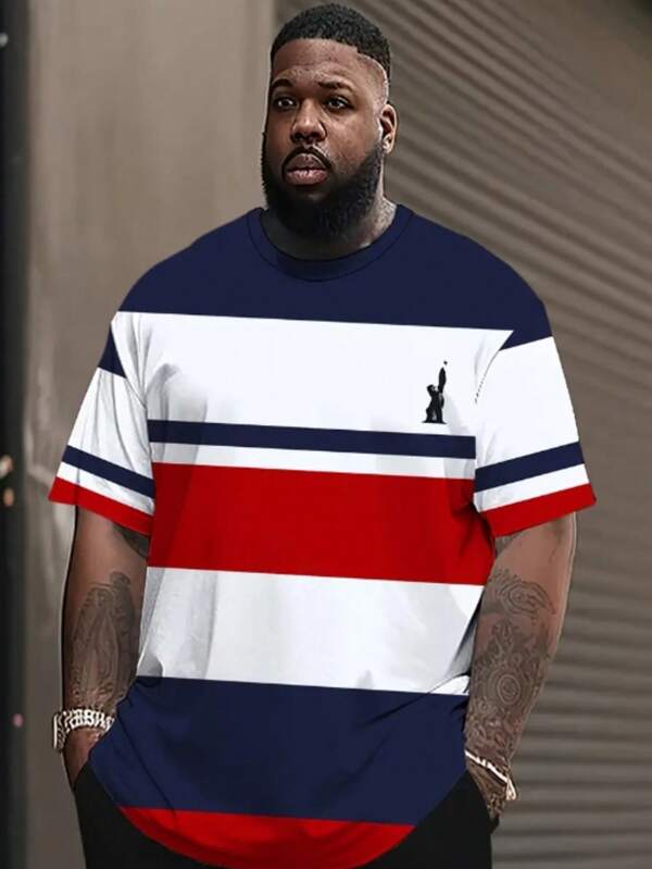 Camiseta casual de verano para hombres de talla grande, de cuello redondo y manga corta, con estampado de rayas rojas y blancas, adecuada para uso urbano