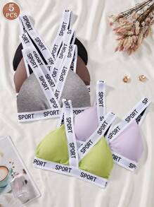 Set de 5 sujetadores deportivos de apoyo medio, con letras estampadas, de tela de costilla, cómodos y de moda casual para mujeres