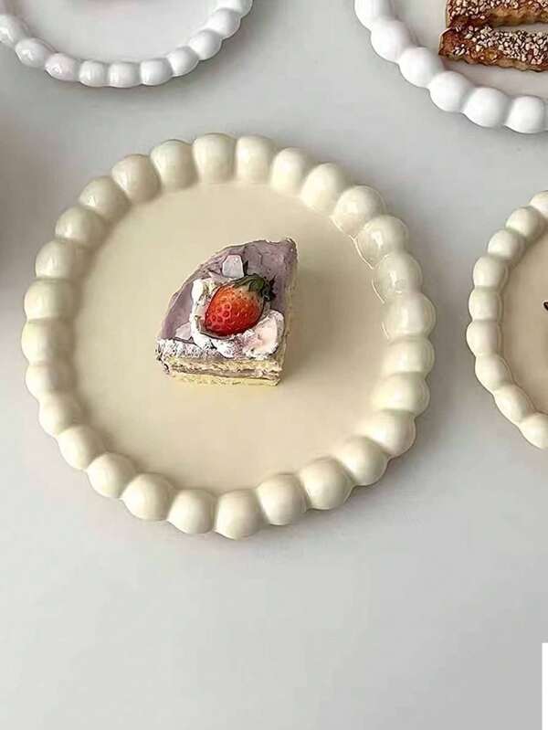 1pc Cream-Color Ceramic Plate With Pearl Edging, Dessert Or Breakfast Plate, High-Quality Tableware Suitable For Home & Restaurant Use