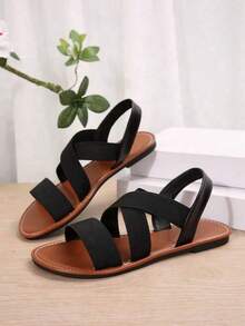 Sandal Datar Wanita Model Lebar 2025 dengan Tali Elastis Silang, Cocok untuk Liburan Musim Panas, Hitam - Hitam - View 4