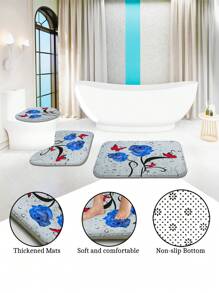 1pc/4pcs Romantic Rose & Butterfly Printed Bathroom Curtain Set, Adds Dreamy Atmosphere To Bathroom. Includes Shower Curtain With 12 Hooks, Bath Rug, U-Shaped Toilet Mat, Toilet Lid Cover, Bathroom Divider, Bathroom Accessories, Bathroom Decor