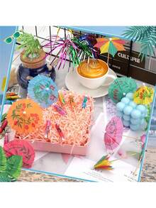 10/40-Piece Tropical Drink Decor Umbrella Set - Coconut Palm Trees & Rainbow Umbrellas, Firework Stirrers, Bamboo Skewers - Hawaiian-Style & Juice Party Decor, 4 Designs, Wood-Look Finish, No Power Required | Tropical Decor | Wood-Look Finish