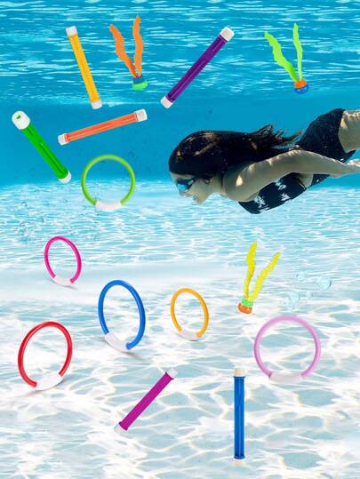 13PC/6pcs/4pcs/3pcs Underwater Pool Toys For Children 4-8 Years Old,6 Diving Sticks, 4 Diving Rings, 3 Diving Seaweed, Summer Training Swimming Pool Diving Toy Set, Pool Toys For Children 8-12 Years Old, Fun Water Toy Games(Random Color)