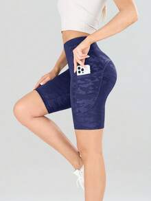 1 Stück bedruckte Camouflage Hohe Taille Sport Shorts, Fitness Lauf Yoga Shorts, modische Slim-Fit Damen Leggings, doppelseitig gestrickt für den Sommer - marineblau - Übersicht 2