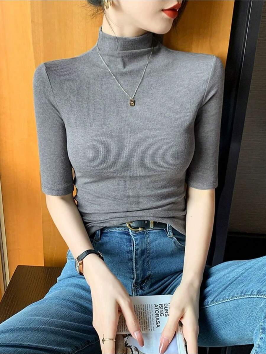 WOMEN'S HIGH NECK KNITTED BLOUSE WITH SIMPLE HALF SLEEVE, RIB FABRIC S M L - 灰色 - 查看 1
