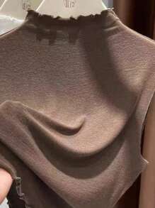 1pc Women's Slim Fit Sleeveless Knit Top With Double Ruffle Hem & Detachable Collar