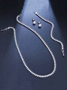 4-Piece Fashionable And Luxurious Cubic Zirconia Banquet Style Wedding Women's Necklace Bracelet Earring Set Jewelry