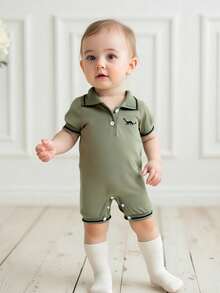 Short Sleeve Romper Dinosaur Half Button-Up Collared Bodysuit Cute Summer Clothes - 綠色 - 查看 4