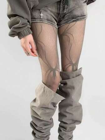 1 件女士洛丽塔蜘蛛蕾丝拼接透明连裤袜，个性化时尚长筒袜