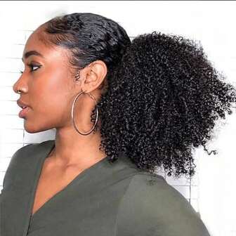 Short Afro Kinky Curly Drawstring Ponytail Extension For Synthetic Afro Puff Ponytail Bun With Clips (Natural Black)