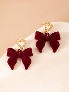 1 Pair Resin Faux Pearl Hollow Heart Flocked Bow Pendant Earrings, Burgundy, Fashionable & Cute Earrings For Teens, Suitable For Daily, Party, And Banquet Wear Valentine's Day Accessories - Heart-shaped Bow - View 2