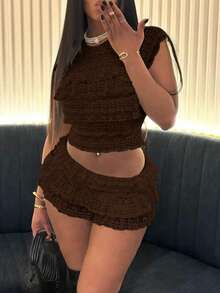 Spring/Summer Knit Lace Jacquard Ruched Crew Neck Top And Mini Skirt Set - Coffee Brown - View 4