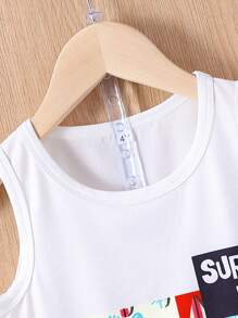 2pcs/Set Young Boy Casual Surfboard Print Sleeveless Crew Neck Top And Shorts Set, Suitable For Summer Vacation And Outdoor Daily Wear