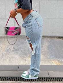 American Streetwear 中腰直筒破洞牛仔裤