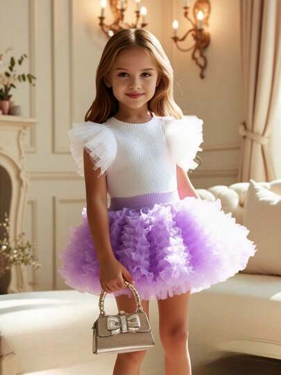 2 st/set flickor mesh splice korta ärmar t-shirt + TUTU minikjol