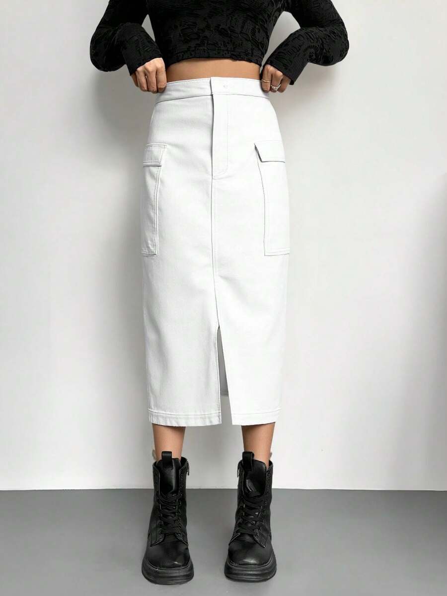 Falda Ajustada Asimétrica Con Textura Metálica Para Mujer - Plateado - Ver 1