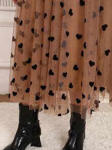Plus Size Flocked Heart Mesh Overlay Skirt - Khaki - View 11