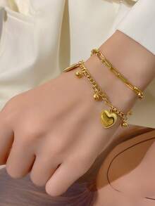 1 件女士金属合金心形和铃铛多层链条手链 - 銀色 - 查看 2