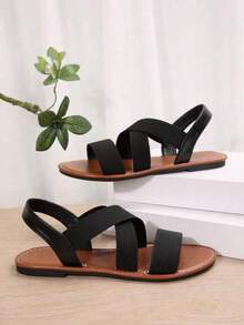 Sandal Datar Wanita Model Lebar 2025 dengan Tali Elastis Silang, Cocok untuk Liburan Musim Panas, Hitam - Hitam - View 7