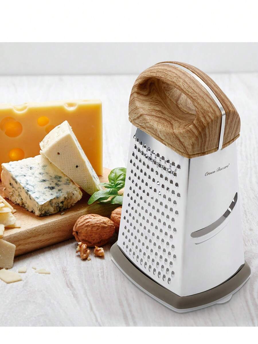 Rallador de Cocina 4 Caras en Acero Inoxidable con Mango Ergonómico Tipo Madera y Base Antideslizante | Incluye Recipiente Contenedor – Ideal para Queso, Verduras y Más - Multicolor - Ver 1