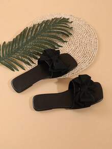 Wide Fit 2025 New Solid Black Bow Classic Fashion Comfortable Open-Toe Indoor Outdoor Suitable For Holiday Walking Flat Sandals