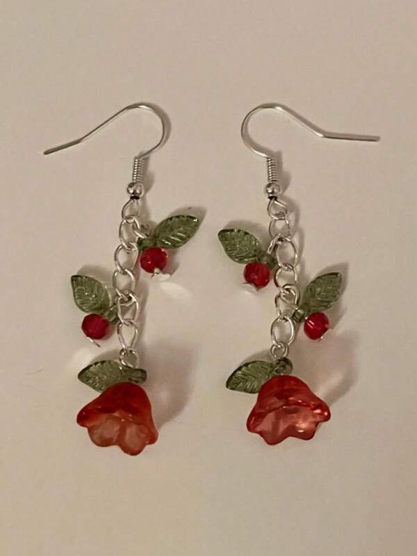 1 par de pendientes con colgante en forma de flor de trompeta con hoja, joyería hecha a mano con diseño Y2k, regalo para ella
