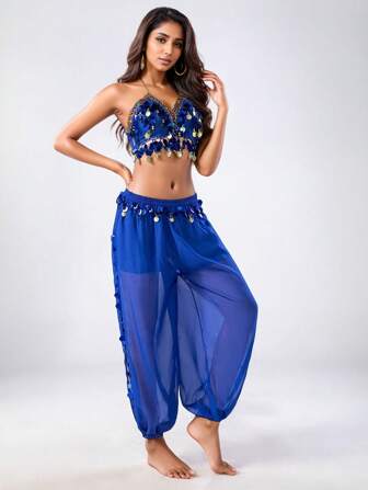 女士肚皮舞两件套套装闪亮流苏亮片文胸上衣+哈伦裤肚皮舞表演训练服装套装