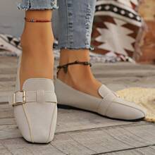 New Spring/Summer Women's Casual Square Toe Flat Loafers, Belt Buckle Decor, Slip On Comfortable Plus Size Shoes