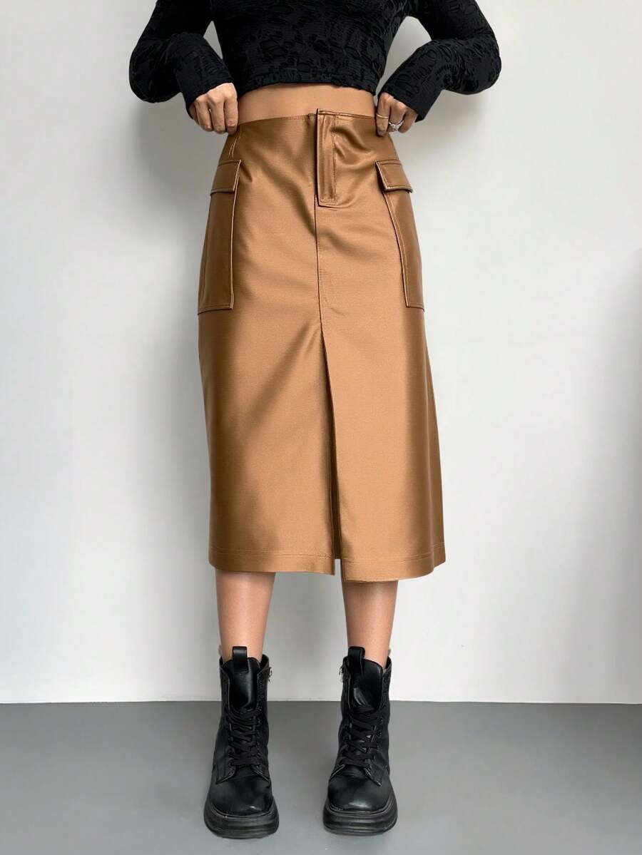 Falda Ajustada Asimétrica Con Textura Metálica Para Mujer - Dorado - Ver 1