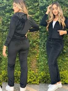 Women's Velvety Plush Set Sweatshirt Set Blouse And Pants Cold Winter - Black - View 1