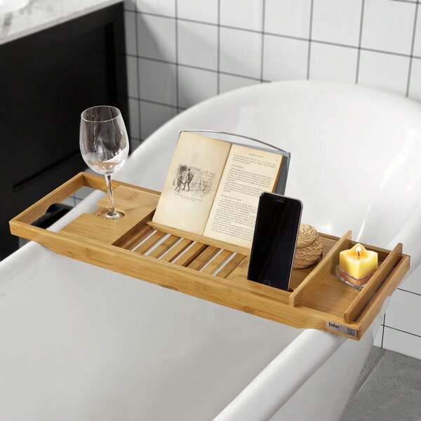 SoBuy FRG207-N Badewannenablage aus Bambus Badewannenbrett mit Buchstütze, Wein Glashalter und Seifenfach, ausziehbares Badewannenauflage BHT ca: (70-104cm) x4x22cm