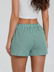 Women Y2K Plaid Shorts Elastic Low Rise Cute Gingham Pajama Boxer Shorts Summer Lounge Pj Sleep Short Bottom Sleepwear - màu xanh lá - Xem 2