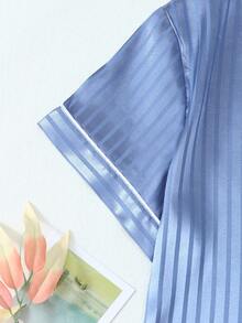 [Elegant Fields]2pcs Women's Satin Striped Short Sleeve Collared Top And Bow Shorts Pajama Set, Spring Summer Loungewear, Cool Light Blue - Blue - View 6
