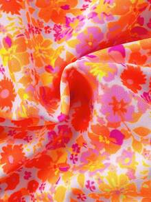 Elegant Casual Bikini Top: Floral Print Halter Neck With Adjustable Tie & Ruffled Trim For Summer Vacations - Multicolor - View 5