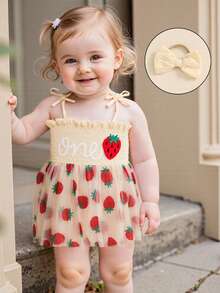 Baby Girl First Birthday Outfit Summer Sleeveless Smocked Fairy Berry One Romper Tulle Dress Baby Girl 1st Birthday Clothes One Year Old Tulle Romper Sleeveless Bodysuit Cake Smash Outfits + Headband - 米色 - 查看 5
