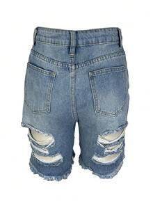 Pantalones cortos vaqueros elásticos de cintura alta para mujeres - pantalones cortos vaqueros ajustados con agujeros rotos en el bolsillo, pantalones cortos de verano para mujeres cómodos y ajustados - Azul lavado medio - Ver 7