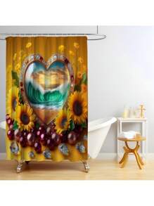 1 peça/4 peças Conjunto de Cortina de Chuveiro com Cenário de Praia Refrescante e Floral, Cria uma Atmosfera Romântica para o Banheiro, Cortina Impressa com 12 Ganchos, Tapete de Banheiro, Tapete em Forma de U para Vaso Sanitário, Tampa de Assento do Vaso Sanitário, Divisória de Banheiro, Acessórios de Banheiro, Decoração de Banheiro