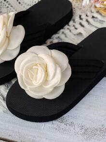 Damen Weiße Blumen Dekor Plateau Zehentrenner, Lässig Rutschfeste Sommer Pantoffeln, Urlaubs Strand Plateausandalen, Damen Schwarze Schuhe - Weiss - Übersicht 6