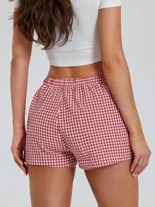 Women Y2K Plaid Shorts Elastic Low Rise Cute Gingham Pajama Boxer Shorts Summer Lounge Pj Sleep Short Bottom Sleepwear - Đỏ và trắng - Xem 2