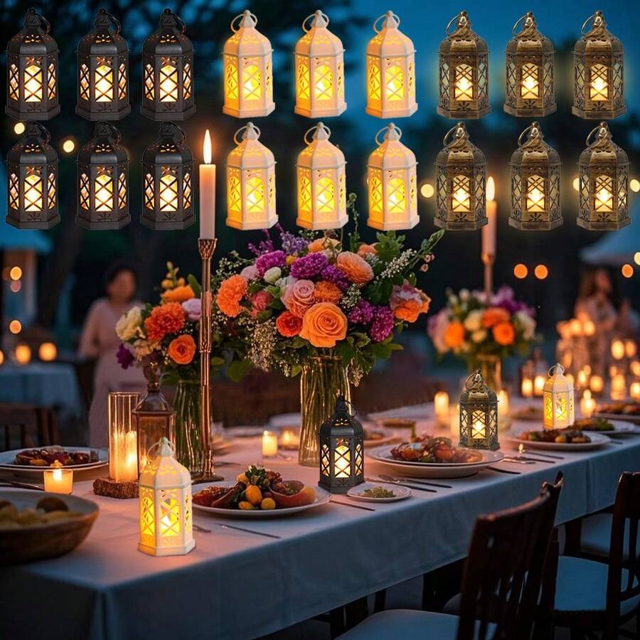12pcs/Set Of Vintage LED Lantern Decorative Lights, Perfect As Centerpiece For Party Table, Mini Lantern With Flashing LED Candles, Shiny Centerpiece For Christmas Table, Retro Chandelier Decoration, Moroccan Lantern, Must-Have Decorations For Christmas, Wedding. - 六角風燈 - 查看 1