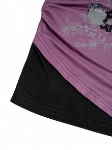 Women's Fashionable Y2K Retro American Style 2 In 1 Backless Tied Fitted Music Note Print Crop Top, Short Sleeve T-Shirt - Purple - View 5