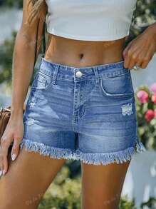 Pantaloni scurți casual din denim cu margini uzate, potriviti pentru purtarea zilnică și pentru călătorii vara