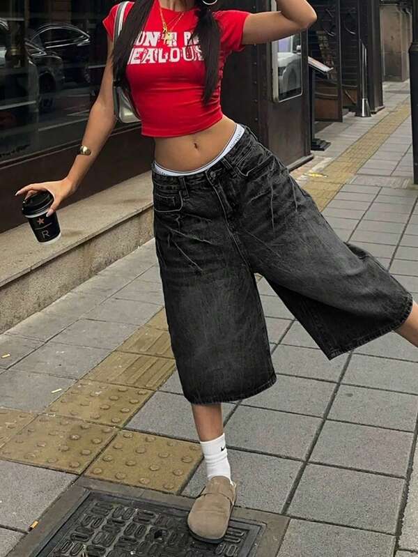 Y2K Street Vintage Washed Cat Whiskered Pocket Style Wide Leg Bermuda Jeans Denim Jorts Casual Shorts Cropped Trousers Back To School Halloween Costumes For Women