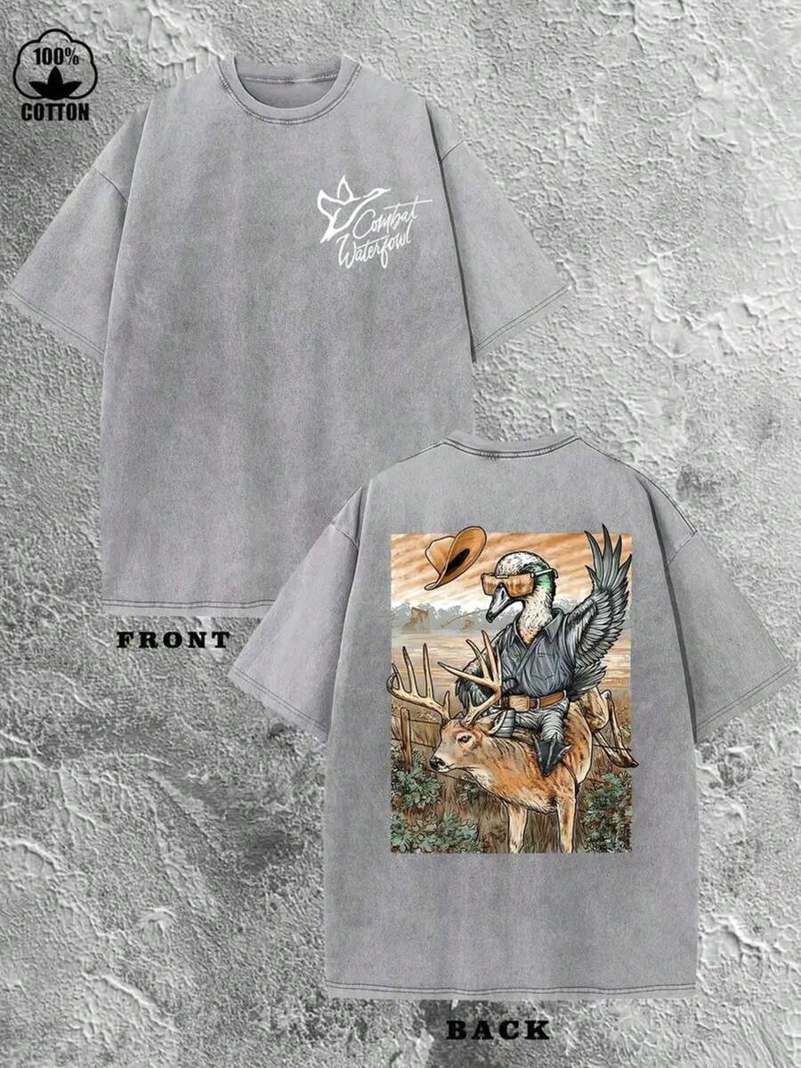 230G Double-Sided Washed, Waterfowl Printed T-Shirt, High-Quality Wax Printed Cotton Retro Fashion Brand T-Shirt, Suitable For Summer T-Shirts With A Certain Thickness, Holiday Gift - Dark Grey - View 1