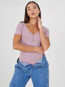 brave soul -Shirt Bodysuit With Button Detail, Mauve - Mauve - View 2