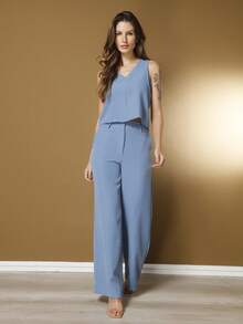 Conjunto feminino de alfaiataria blusa sem manga  com calça reta ótimo para usar no trabalho dia a dia casual premium acabamento pespontado