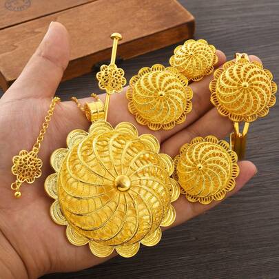 6pcs Set Golden Color Classic Hollow Round Jewelry Set: Earrings, Rings, Necklace, Bracelet, Headchain, Hairpin, Party Gift